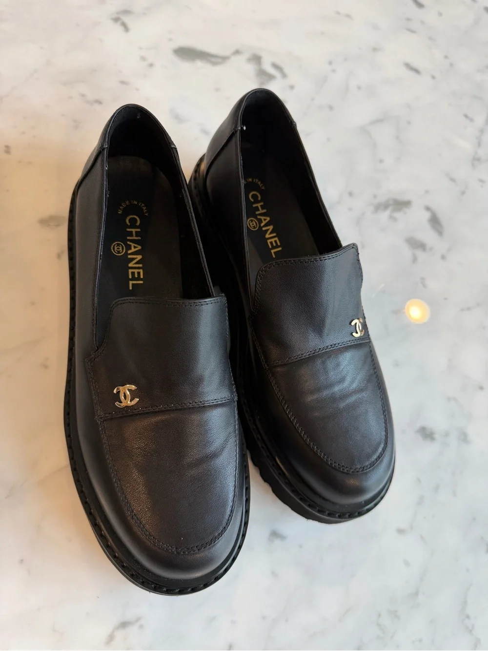 NotChanel Women's Black Leather Platform Loafers Size 39/8 US